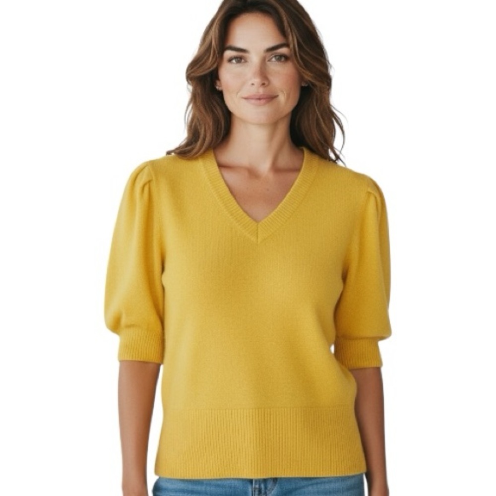 Feller Yellow V-Neck Puff Sleeve Sweater‎